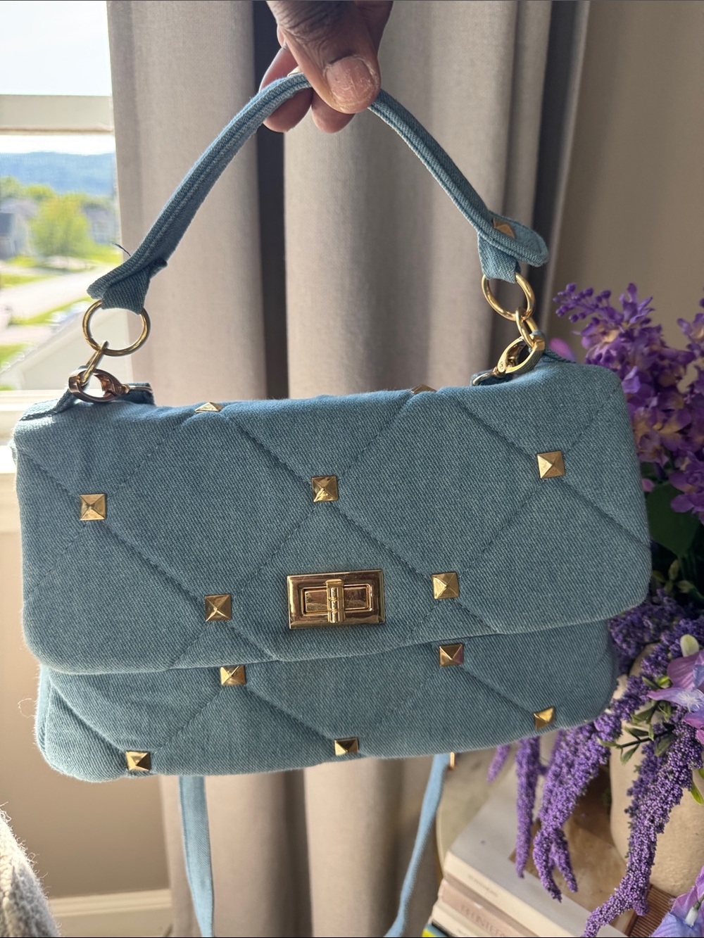 Quilted Blue  Jean Crossbody Shoulder Bag with Gold Stud Accents